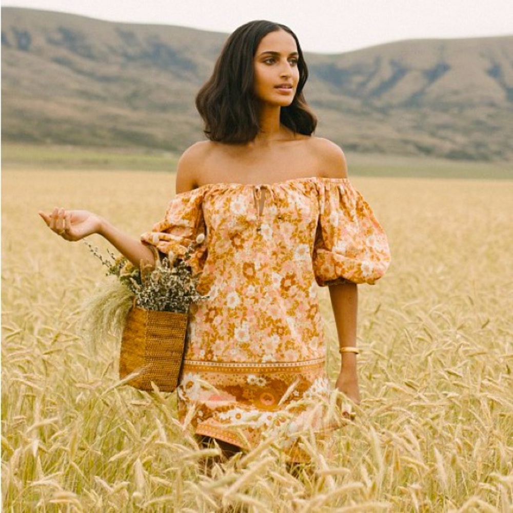 Spell Orange Floral Off-Shoulder Mini Dress